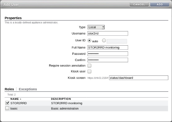 Oracle ZFS monitoring: user role